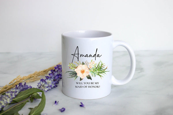 Boho Bohemian Succulent Floral Bridesmaid Custom Name With Date - White Ceramic Mug