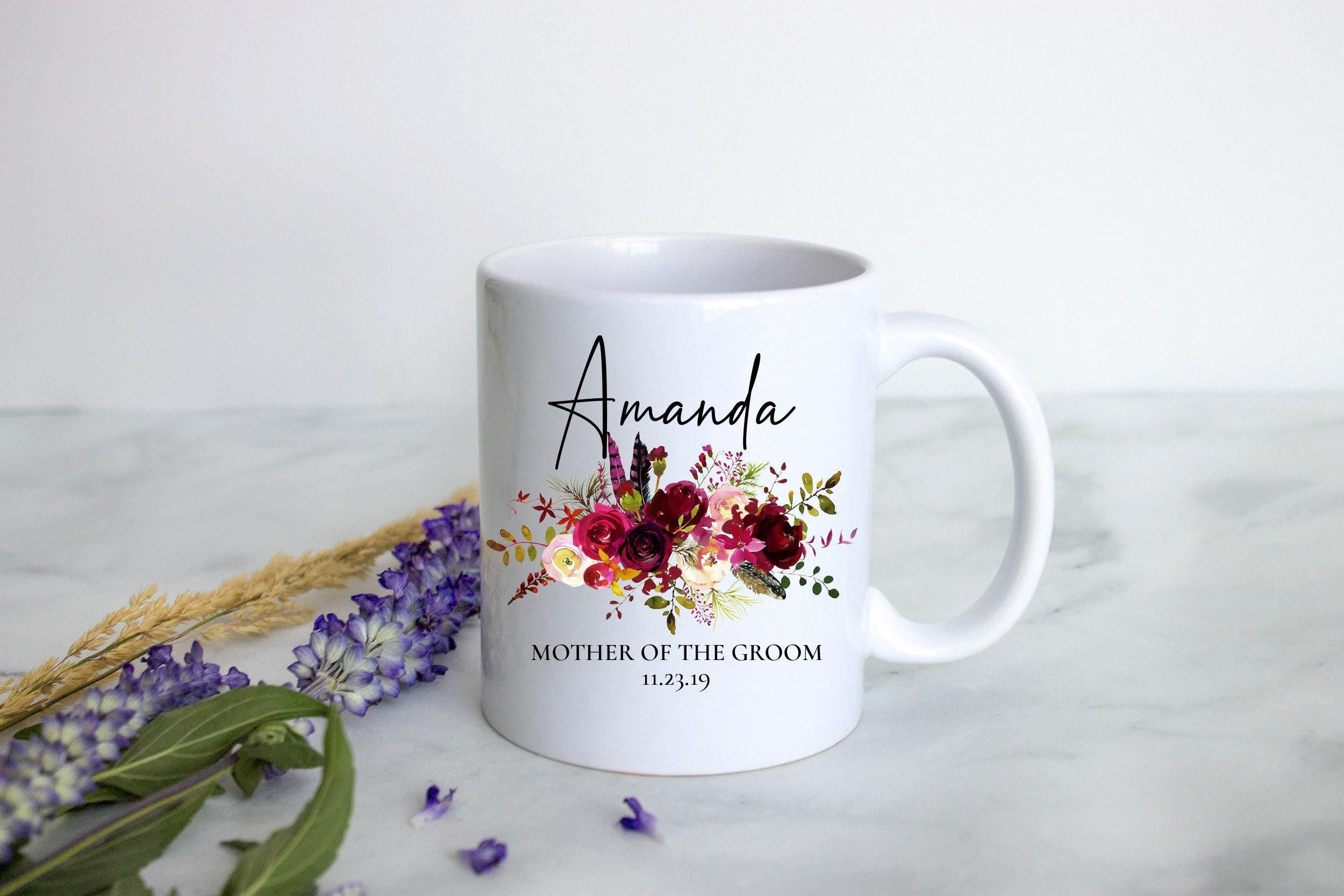Burgundy Fall Floral Mother of the Groom Custom Name With Date - White Ceramic Mug