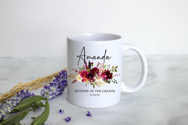 Burgundy Fall Floral Mother of the Groom Custom Name With Date - White Ceramic Mug