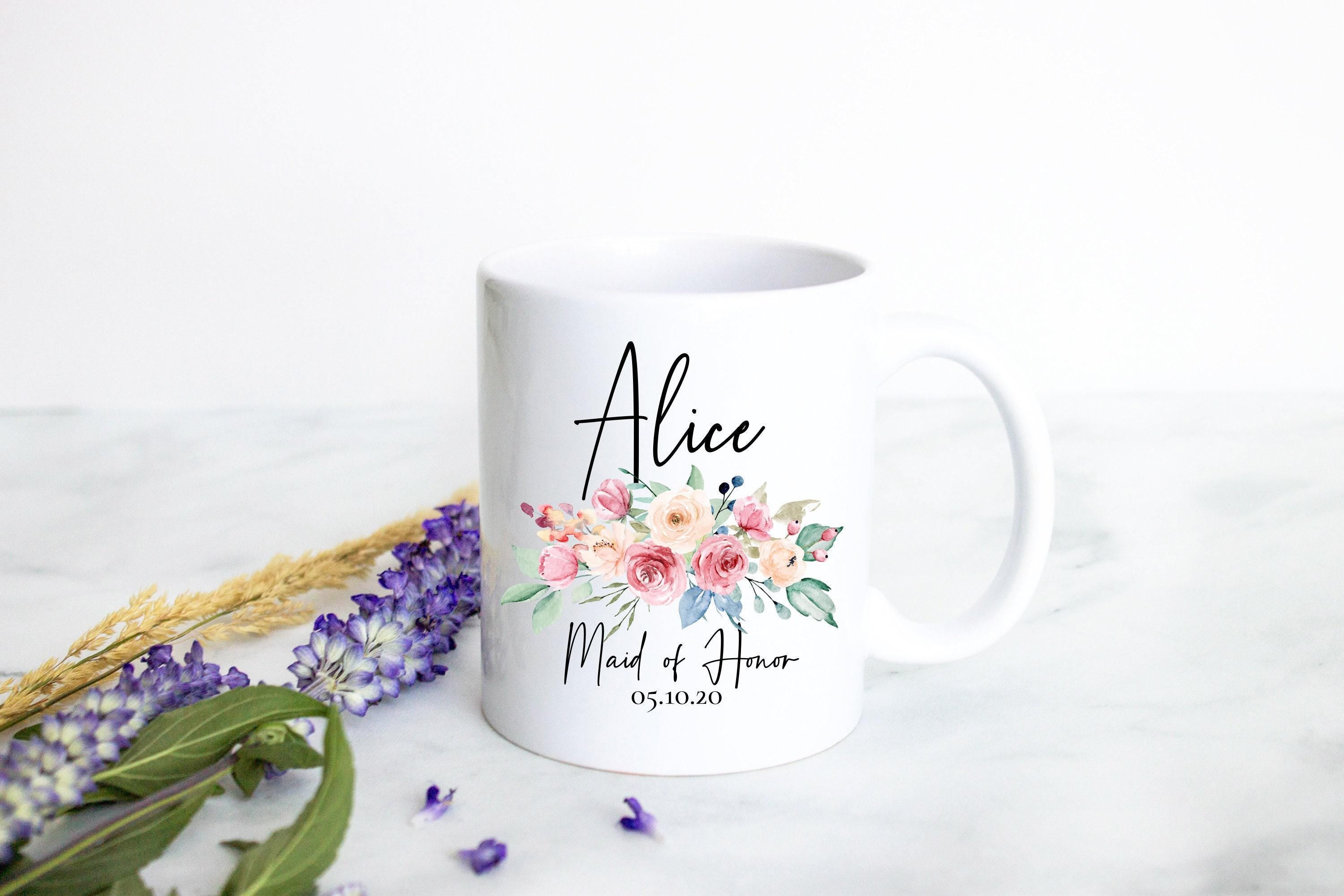 Peach Floral Bridesmaid Custom Name and Date - White Ceramic Mug