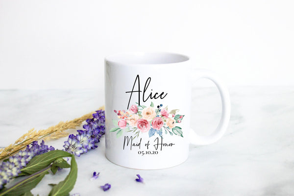 Peach Floral Bridesmaid Custom Name and Date - White Ceramic Mug