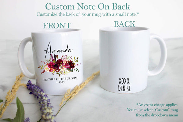 Burgundy Fall Floral Mother of the Groom Custom Name With Date - White Ceramic Mug