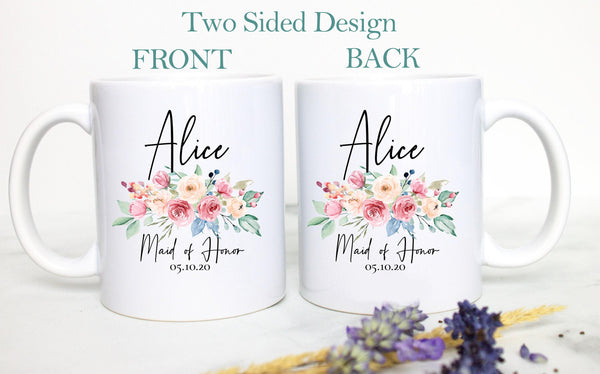 Peach Floral Bridesmaid Custom Name and Date - White Ceramic Mug