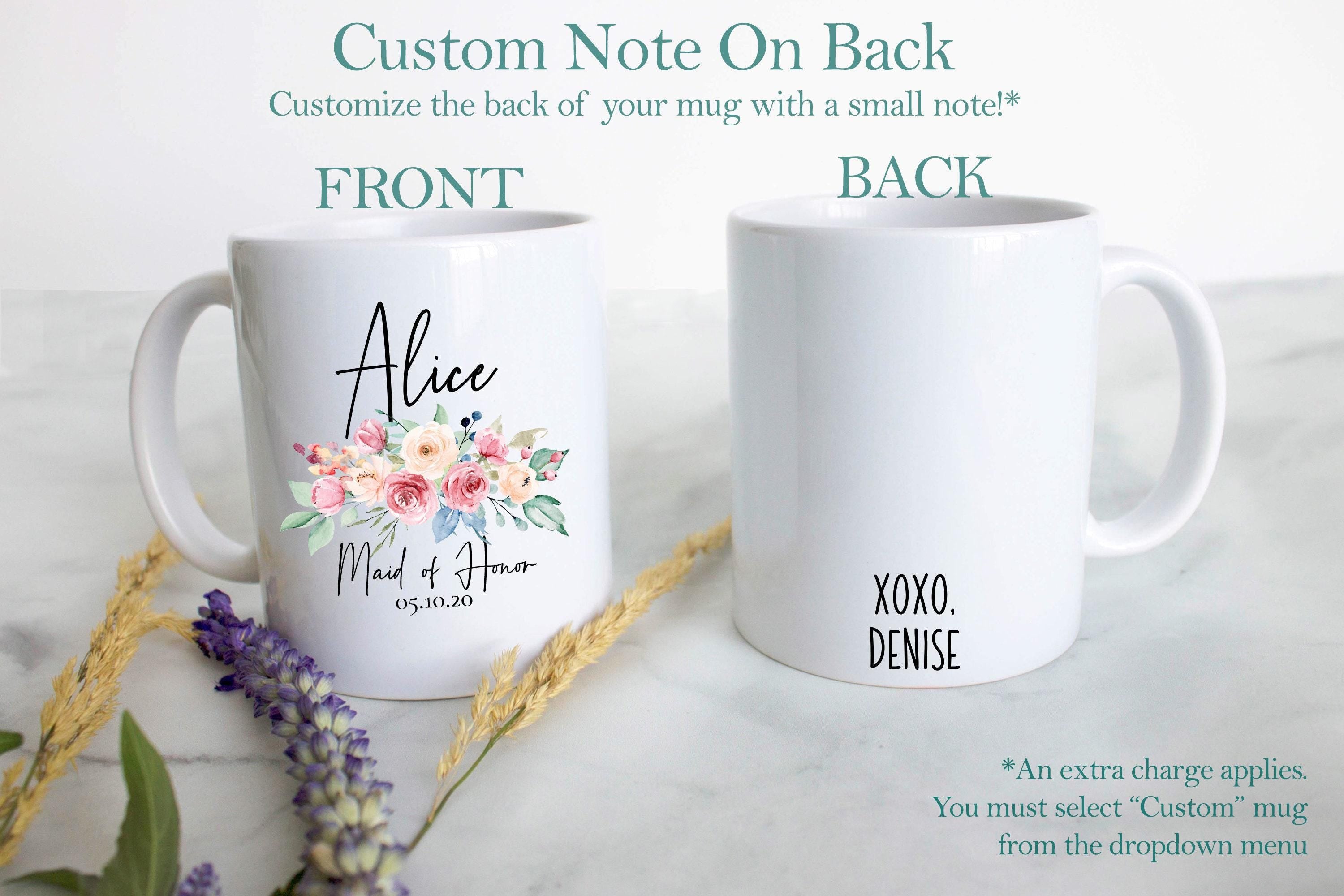 Peach Floral Bridesmaid Custom Name and Date - White Ceramic Mug