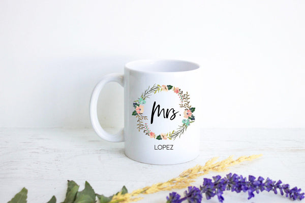 Floral Wreath Married Mrs. Mug #2 Custom Name - White Ceramic Mug