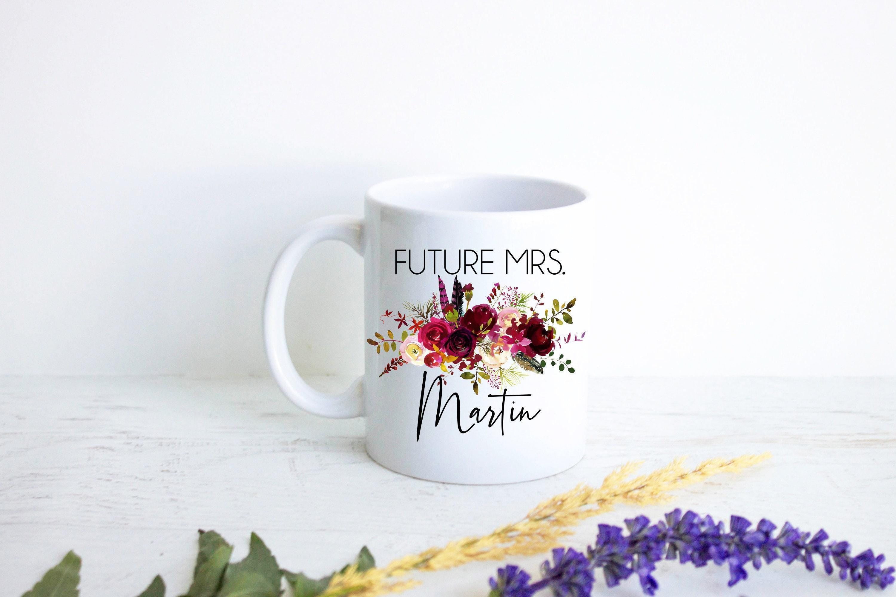 Future Mrs. Mug Burgundy Boho Floral Custom Name - White Ceramic Mug