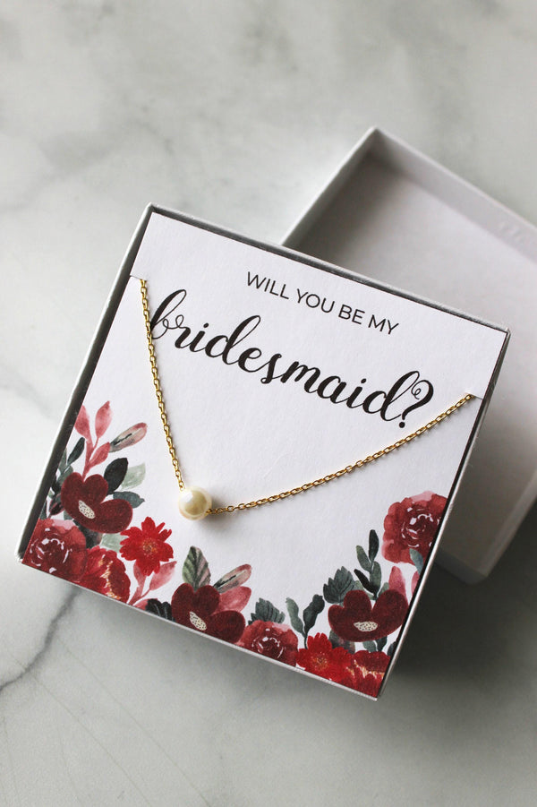 Bridesmaid Pearl Necklace Gift - Red Floral #2
