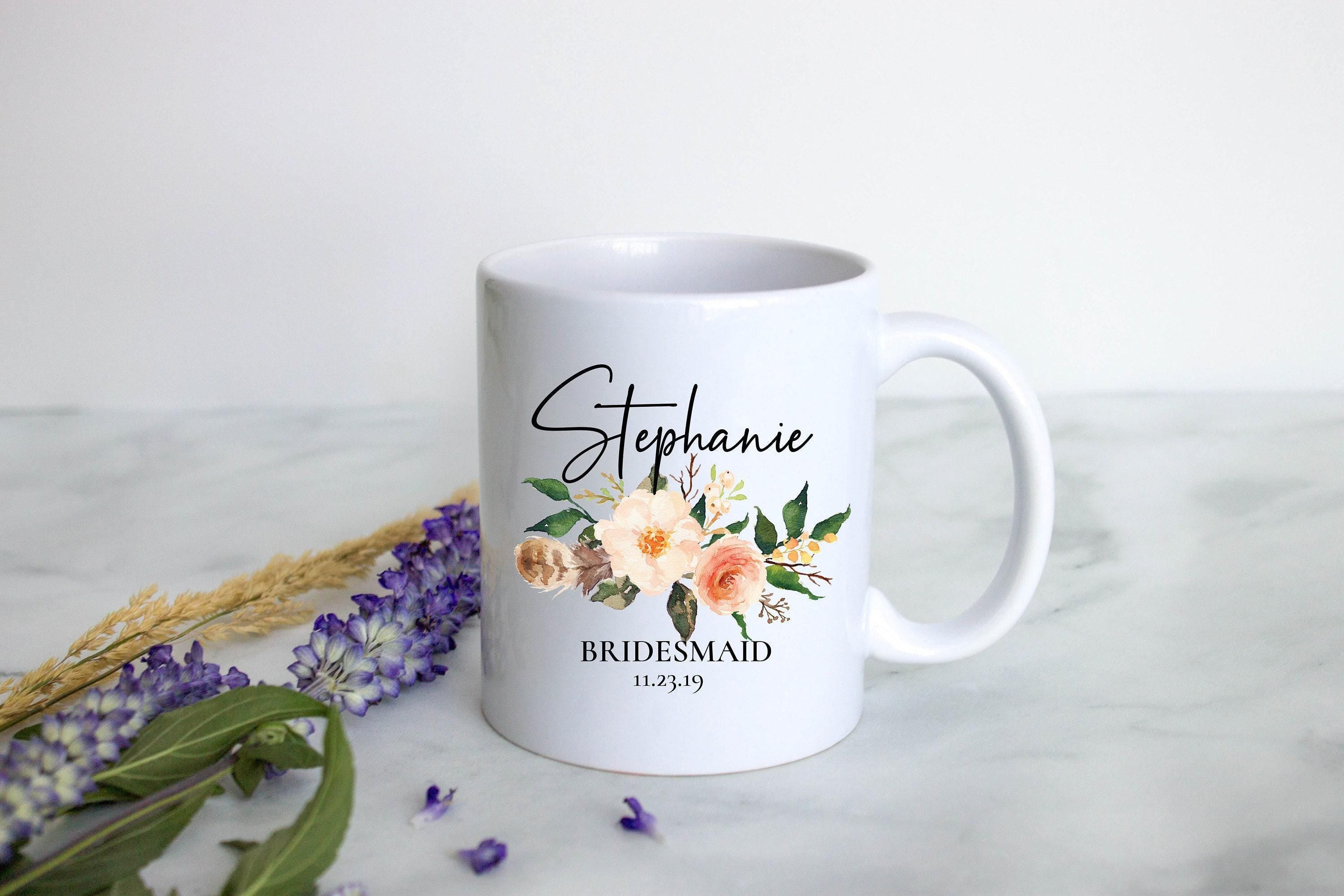 Boho Bohemian Floral Bridesmaid Custom Name With Date - White Ceramic Mug
