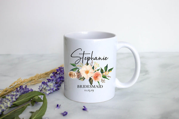 Boho Bohemian Floral Bridesmaid Custom Name With Date - White Ceramic Mug