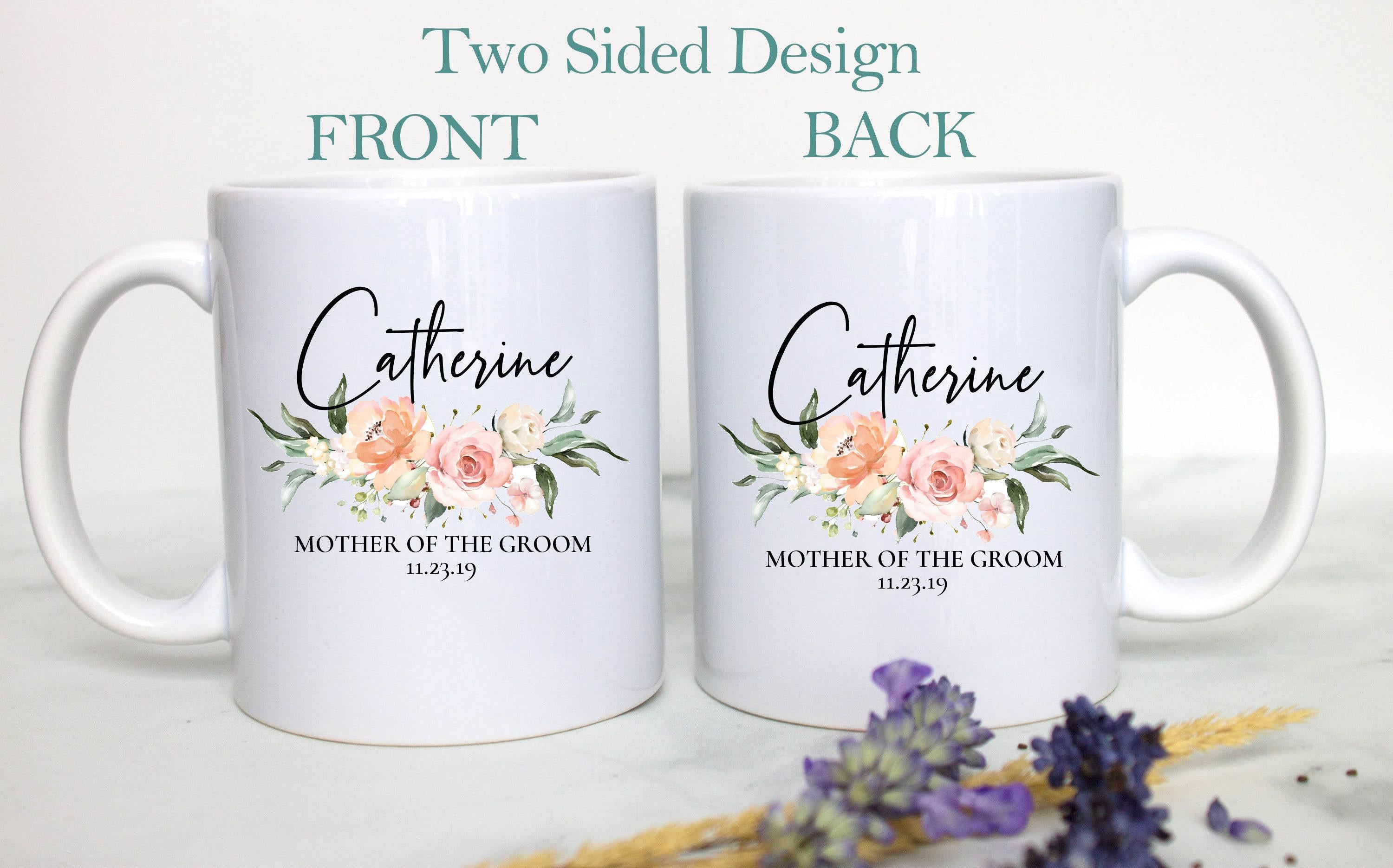 Light Peach Pink Floral Mother of the Groom Custom Name and Date - White Ceramic Mug
