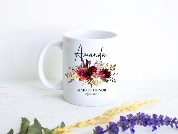 Burgundy Fall Boho Floral Bridesmaid Custom Name With Date - White Ceramic Mug