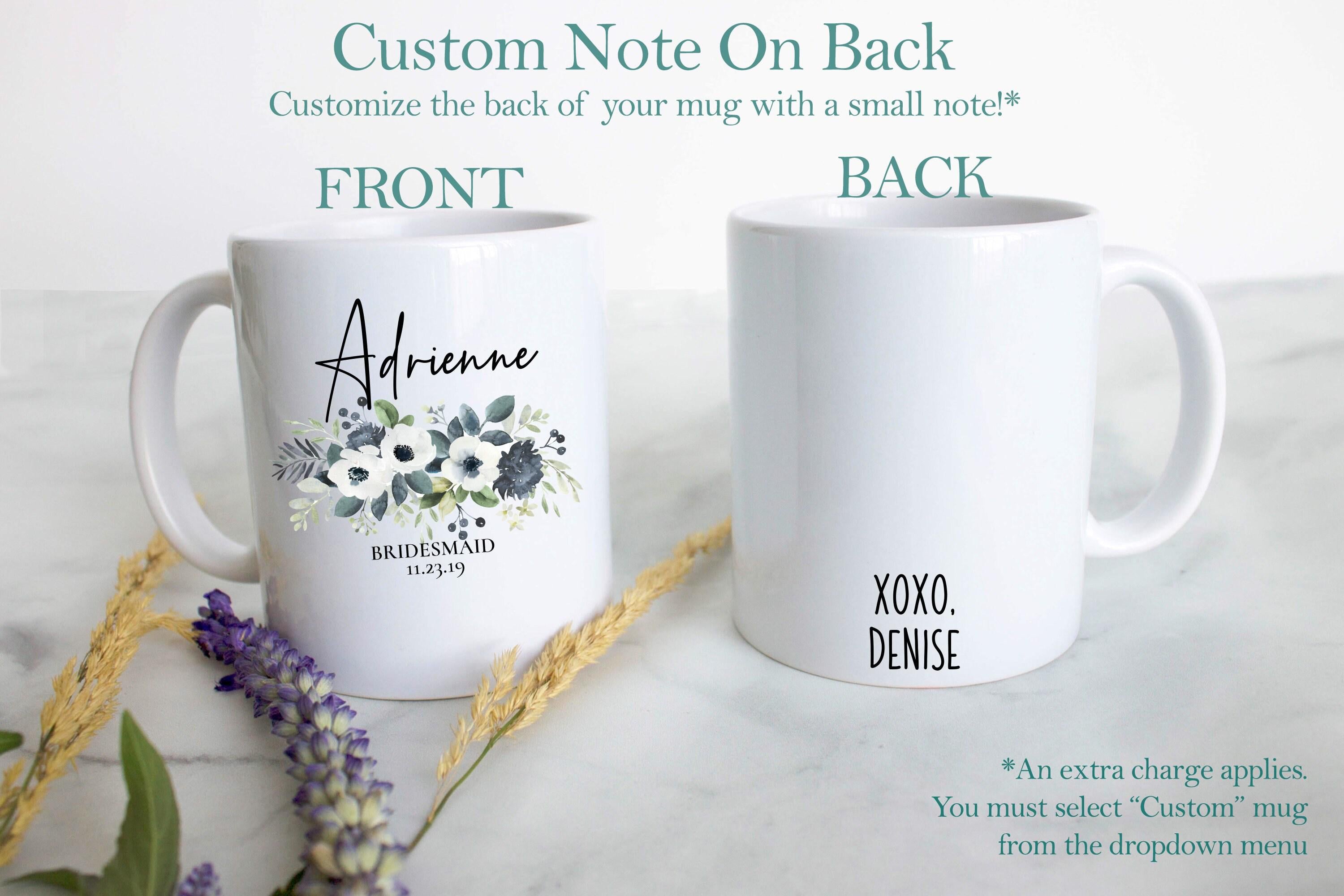 Blue Floral Bridesmaid Custom Name With Date - White Ceramic Mug