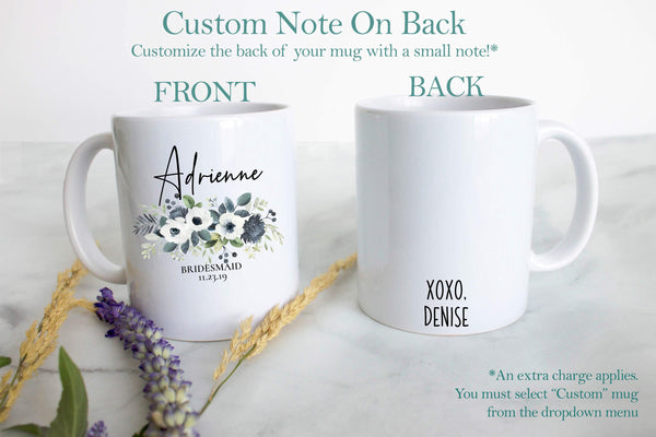 Blue Floral Bridesmaid Custom Name With Date - White Ceramic Mug