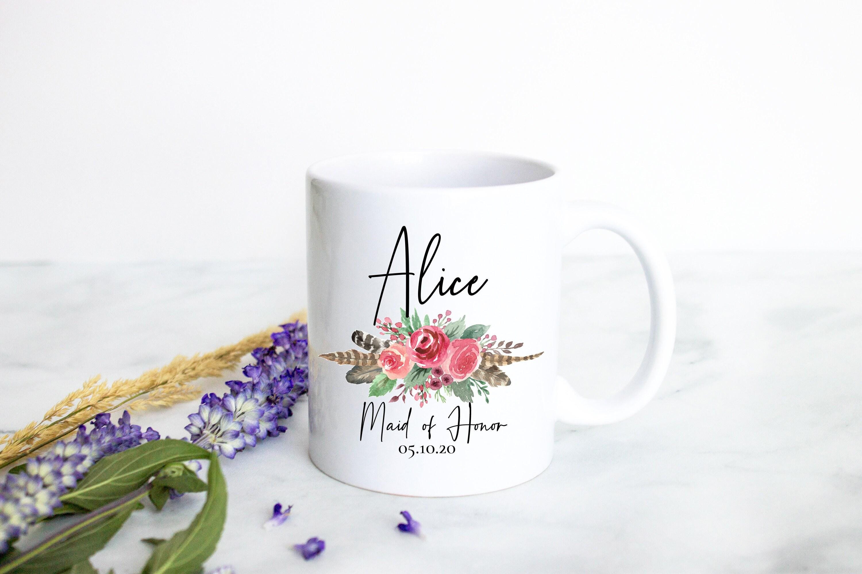Bohemian Boho Floral Maid of Honor Custom Name With Date - White Ceramic Mug