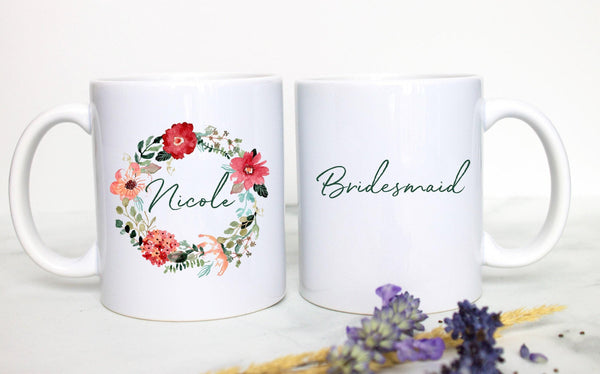 Autumn Red Floral Bridesmaid with Custom Name - White Ceramic Mug