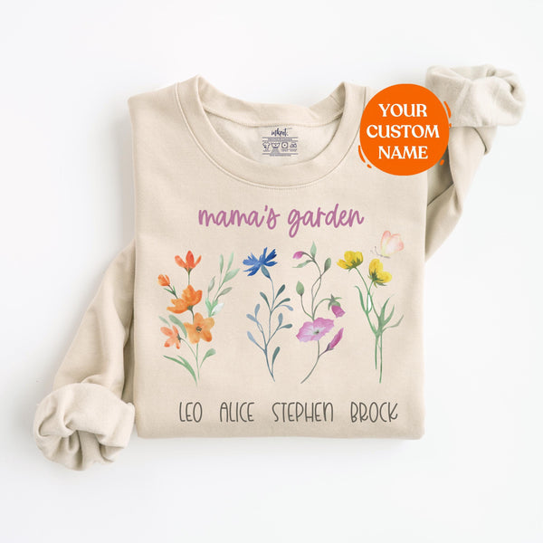 Mama's Garden Sweatshirt With Custom Names | Custom Mom Flower Sweater, Mother's Day Gift Ideas, New Mom Outfit, Mom Birthday