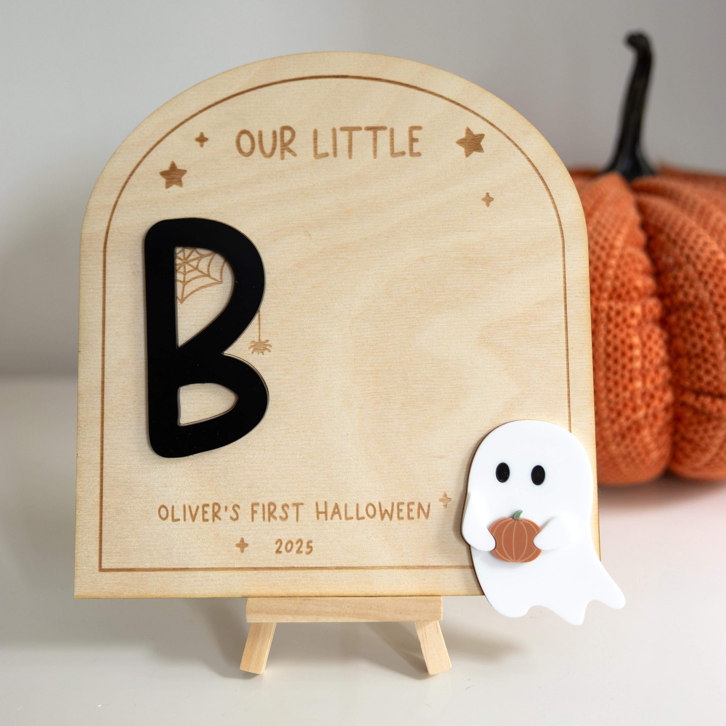 Baby's First Halloween Footprint Sign with Stand | Our Little Boo, Halloween Footprint Keepsake, Halloween Crafts for Kids, Halloween Decor