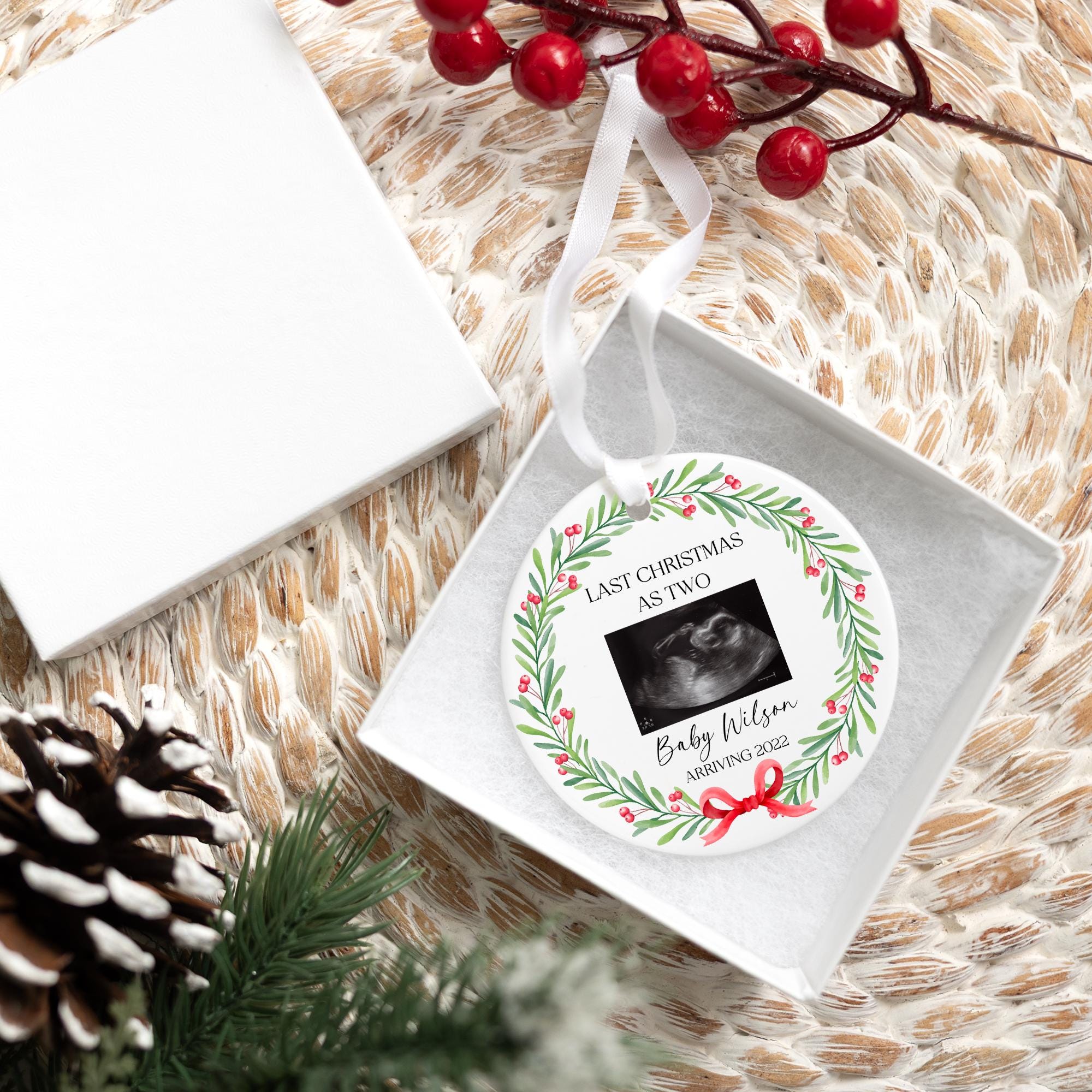 Personalized Expecting Baby Ornament 2025 | Last Christmas as Two, Ceramic Sonogram Baby's First Christmas Ornament, New Baby Ornament