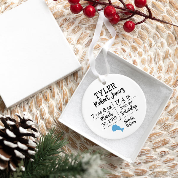 Custom Baby's First Christmas Ornament 2025 | Ceramic Baby Birth Stat Ornament New Mom Gift, Baby's First Holiday Gift, New Baby Keepsake