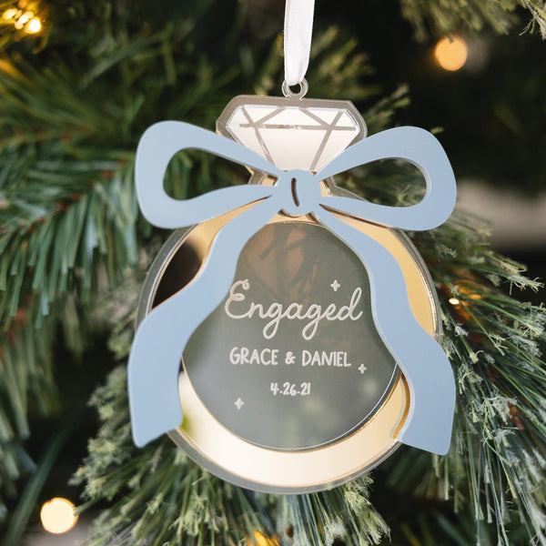 First Christmas Engaged Coquette Bow Ornament 2025 | Custom Engagement Ring Keepsake, Couples Ornament Gift, First Christmas Engaged