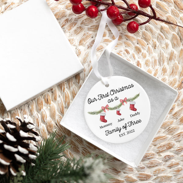 Family of Three Christmas Ornament 2025 | Custom Baby's First Christmas Family Ornament, New Baby Ornament, New Parents Gift,Family of 3
