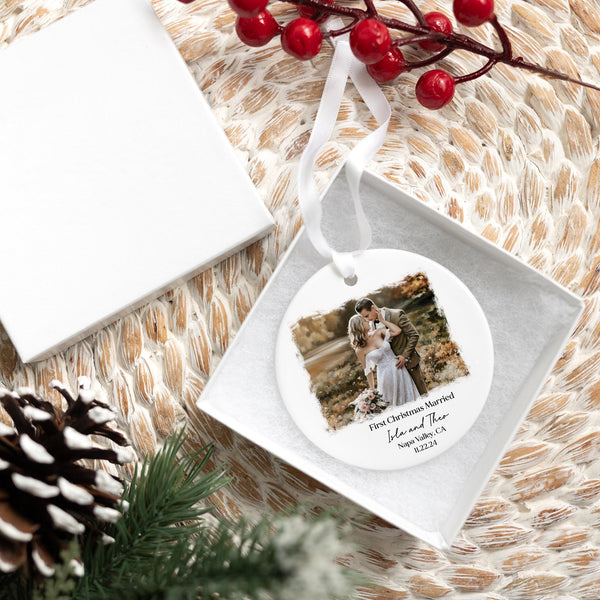 First Christmas Married Custom Photo Ornament 2025 | Ceramic Newlywed Keepsake, Mr Mrs Ornament, Newlywed Gift, Personalized Wedding Gift