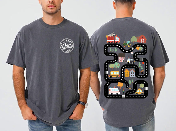 Tired Dads Club Shirt, City Road Track Dad Tee, Police Car Ambulance School Bus Design, Comfort Colors® Funny Dad Gift