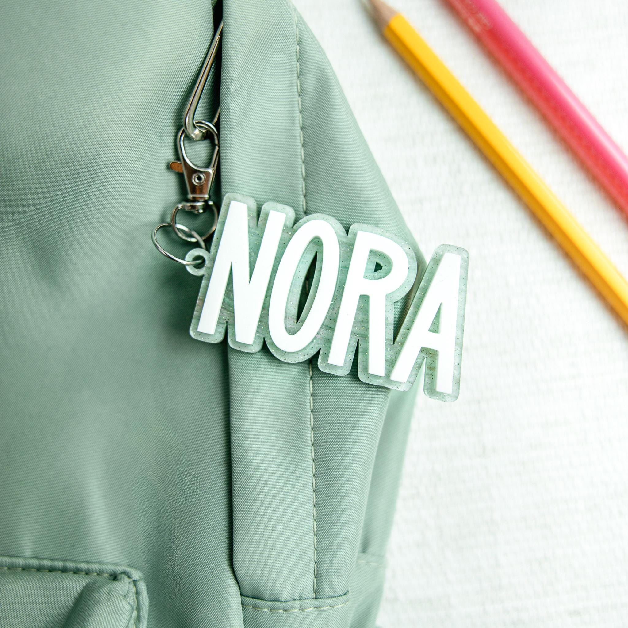 Personalized Backpack Name Tag, Kids Name Keychain, Custom Acrylic Bag Tag, Glitter Backpack Charm, Daycare Lunch Bag Tag